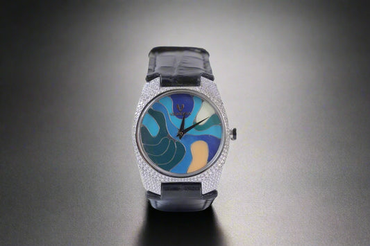 DIAMOND watch with a colorful face and black strap on a white background