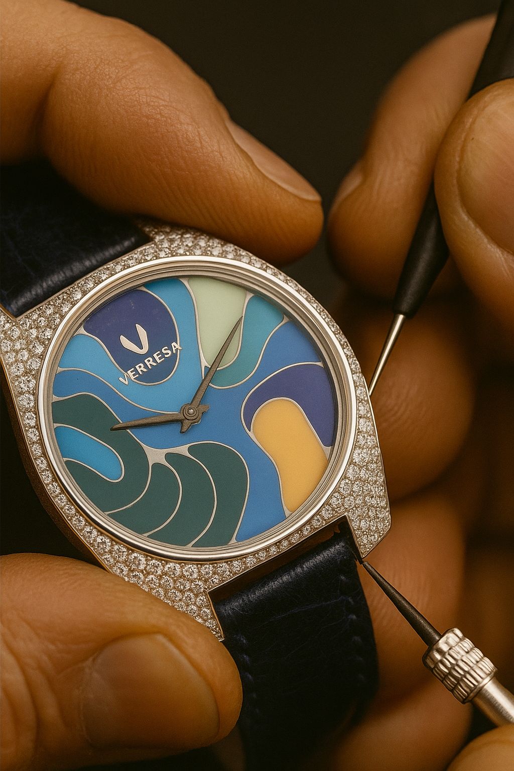Close-up of a Versus watch with a decorative face held by a hand using a tool.